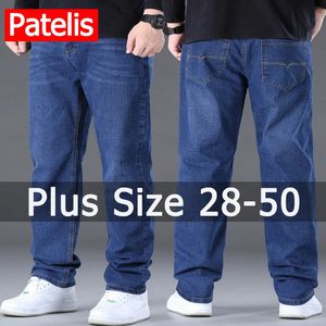 Man Jeans Spring Tamanho Big Tamanho 50 Alto tecido jeans de calças grandes longas para 45150 kg Hombre perna larga Pantalon Homme 240422