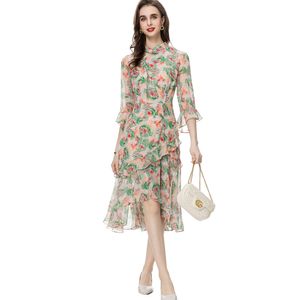 Women's Runway Dresses Stand Collar 3/4 Sleeves Printed Asymmetrical Floral Ruffles High Street Mid Vestidos
