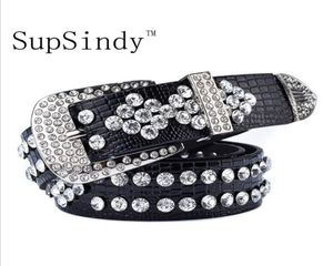 Supsindy Women Belt Pin Cinta Filla di lusso Rinestone Crocodile PU Cinture in pelle PU per donne Cinta femminile per jeans Nero S596222068102