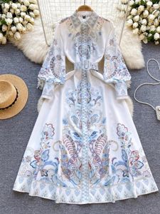 Casual Dresses Women Vintage Long Dress Spring Autumn Elegant Printed Sleeved Party Ladies Single Breasted High Waisted Robe