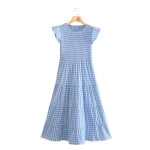 Spring Women Blue Plaid Okrągła szyjka Sukienka latającego rękawa 2453