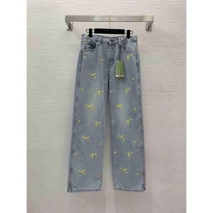 Brand Jeans Women Jean designer pants Fashion LOGO denims Pants woman Yellow flower embroidery denims trousers Mar 25