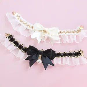 Dog Apparel Cute Collar Sweet Pearl Lace Bowknot Cat Necklace Pet Neck Decoration Puppy Necktie Kitten Bibs Supplies Black White