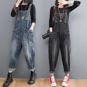 Kvinnors jeans 2024 Kvinnor denim overaller vintage lösa casual breda benbyxor hög midja raka byxor pendling yc60