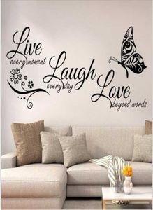 Żyj śmiech miłość motyl kwiat sztuki ścienne naklejka nowoczesne naklejki na ścianie cytaty winylowe naklejki naklejki