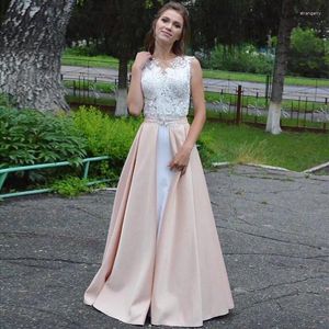 Party Dresses Elegant A-line Vestidos De Graduacion Contrast Color Nude Satin Ivory Appliques Long Evening Gowns Formal Prom Dress