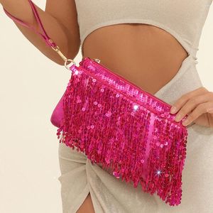 Evening Bags Designer Women Sequined Clutches Sequins Tassel Bag Bling Zipper PU Leather Handbags Dance Show Party Shoulder