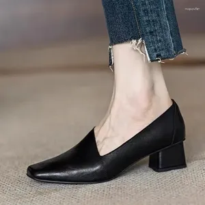 Dress Shoes Spring Women Loafers Split Leather Square Toe Chunky Heel Tassel Mid-heel Pumps Retro Female