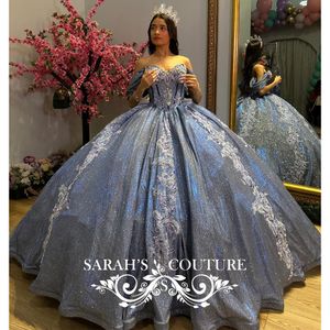 Princess Quinceanera Dresses Ball Gown Off The Shoulder 3D Floral Lace Tull Corset Sweet 15 Vestidos De XV Anos