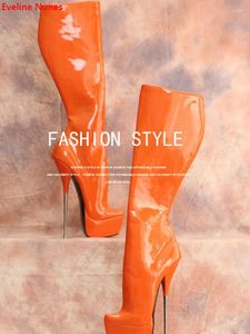 Boots Orange Platform Sexy Mid Mid Women's Solid Patent Leather Metal Steletto Super Heel de calcanhar pontual da moda zíper 36-44 Tamanho