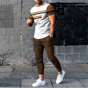 Kort ärm T-skjortabyxor 2 PC-uppsättningar Trend Högkvalitativa modetryck överdimensionerade t-shirts byxor kostymer avslappnade toppar Sweatpants 240428