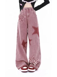 Amerikan retro kot pantolon, beş noktalı yıldız çiğ kenar ekleyen gevşek geniş bacaklı kot pantolonlar ince görünüyor ince moda tüm eşleşen pantolonlar kadın 240423
