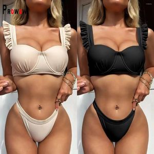 Kvinnors badkläder Prowow Sexig Push Up Bikinis Set Two Piece Separat Solid Color Swimming Bathing Suits 2024 Summer Ruffle Beach Outfits