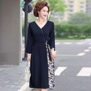 Casual Dresses 2024 Blue Patchwork Midi Dress Women Chic Elegant Luxury Autumn Winter Korean Vintage Night