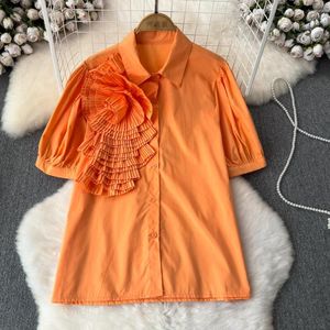 Blusas femininas gagarich moda 2024 camisa de verão mulheres francês design exclusivo 3d flip pish pescoço dobrado slim fit top