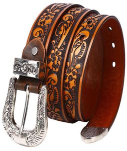 Mode Two Tone Luxury Cowboy Cowgirl Wtern Tooled Floral Prossed Grain äkta Cowhide Leather Belt för män Women3760863