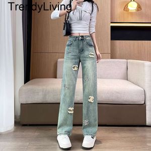 Neue Designerjeans weibliche Mode Brnad 2024 Frühes Frühling hoch taillierter locker dünner Stickerei Design Straight Drag Womens Jeans Hosen