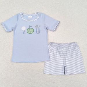 Clothing Sets RTS Wholesale Children Boys Outfits Summer Blue Golf Tee Shirt Stripes Shorts Toddler Baby Clothes Boutique