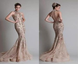 Zuhair Murad 2020 Vestidos de noite Vestidos de pescoço alto Trem de champanhe Mermaid Prom Vestidos Botões Apliques de volta Aceência especial Dress6683084