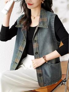 Kadın yelek retro denim yelek 2024 gömlek yakalı kişiselleştirilmiş gündelik etnik stil çok yönlü kot pantolon üst moda yelek ceket t684