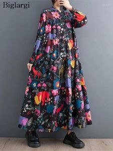 Sukienki swobodne 11 -letni jesienny kwiatowy nadruk kwiatowy Długie sukienki Kobiety luźne ruffle plisowane mody damski rękaw kobiety 2024