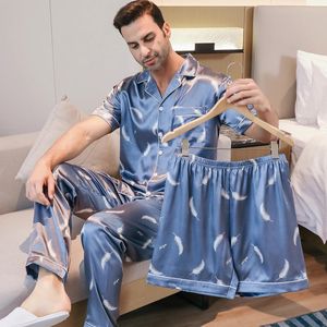 3 -stycken pyjamas mens is silket tunna korta ärm shorts långa byxor fjäder tryck sommar cardigan sömnkläder hemkläder set 240428