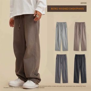 Men's Pants Retro 2023 loose non-woven sports pants for mens 380gsm washed heavy cotton straight knit three pocket designL2405