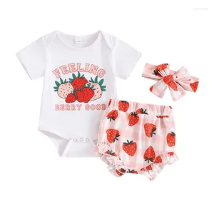 Clothing Sets Baby Girl Summer Clothes Cute Strawberry Pattern Letter Print Short Sleeve Romper With Ruffled Shorts And Headband