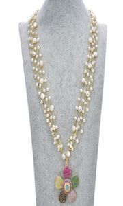 GuaiGuai Jewelry 4 Strands White Pearl Necklace CZ Pave Flower Pendant For Women Real Gems Stone Lady Fashion Jewellery4211562