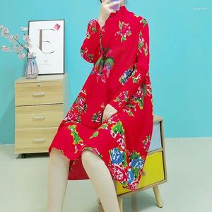 Casual Dresses Folded Ethnic Style Retro Printed Dress Autumn and Winter High Necked Long Sleeped Kne Length Loose A-Line kjol