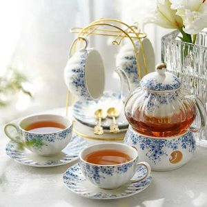 Zestawy herbaciarni popołudniowy zestaw herbaciany kwiat czajniczka podgrzewana szklana szklana teapot herbata niebieska i biała porcelanowa filiżanka kawy i