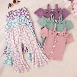 衣料品セットフォーカスノーム1-5yラブリーキッズガールズサマー服2pcs半袖リブ付きボタンTシャツフローラルフレアパンツ