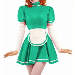 Partykleider Rollkragenleuze glänzend PVC Leder Mini Französisch Maid Kleid Nasses Look Puff Kurzarm mit Schürze Sissy Cosplay Kostüm