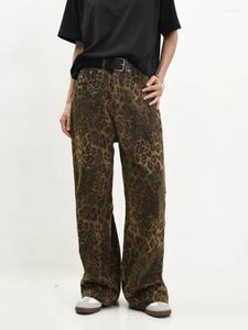 Dżinsy damskie Y2K Leopard Print Kobiety wysoki talia w stylu koreańskim szerokim nogawki Spodnie Streetwear w lud vintage mody swobodne dżinsowe spodnie