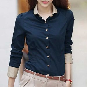 Women's Polos Office womens shirt long sleeved lapel tight fitting shirt button up shirt womens shirt fashionable deep blue xxxxlL2405