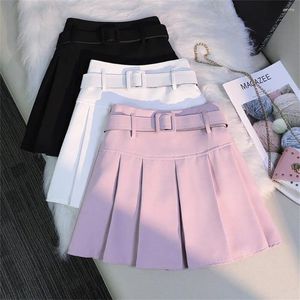 Юбки 2024 весна лето высокая талия с ремнями мини-юбки корейская лоскутная лоскутная одежда для женщин с розовой белой плисситой для женщин