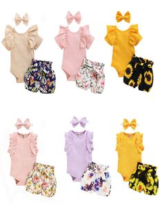 Çocuk Giyim Setleri Kızlar Çiçek Kıyafetleri Bebek fırfırlı kol romper Topsfloral baskı kısa kabuk bandı 3pcsset yaz bebek kıyafetleri9947861