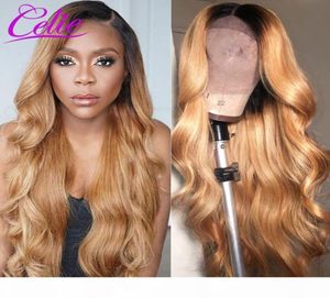 Celie 1B 27 Body Wave Lace Pront Ombre Human Hair Bows 13x6 Colored Lace Pront Brant Human Hair 200 Censle Wave Wig3369125