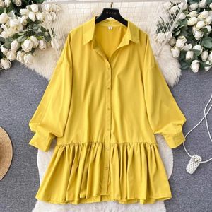 Casual Dresses Autumn Blus för kvinnor lång puffhylsa Flouned Edge Turn-Down Collar Lapel Single Shirts Chic Ladies Tops Drop