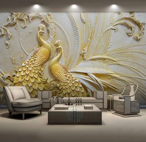 Dropship Custom Mural Wallpaper For Walls 3D Stereoscopic Embossed Golden Peacock Background Wall Painting Living Room Bedroom Hom5243140