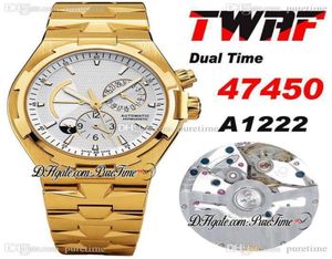 Twaf Overseas Dual Time 47450 A1222 Automatisk herrklocka 18K Yellow Gold Power Reserve Silver Dial Stick rostfritt stål armband 1662342