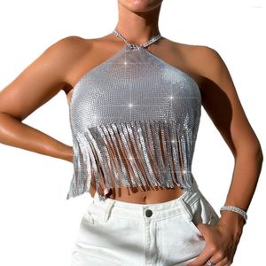 Kvinnors tankar 2024 Luxury Design Aluminium Sheet Camis Top Sexig silver rygglös metall Vest Tank Bröstkedja med TASSEL NIGHT CUBWEAR Women