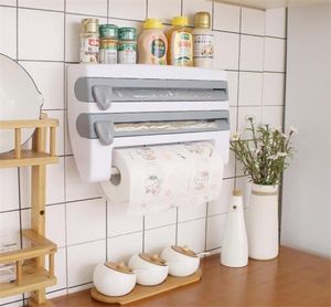 Adorehouse Wallmount Paper Towel Holder Sauce Bottle Storage Rack 4 in 1プラスチックフィルムカッター変異作用キッチンオーガナイザーC10031195675