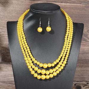 Brincos de colar Conjunto 1 conjunto de três camadas imitação de joias de pérolas laranja amarelo para mulheres presentes africanos