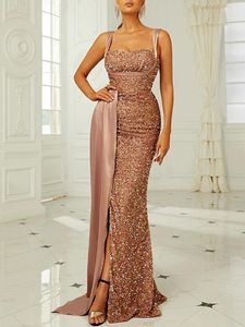 Lässige Kleider Luxus Gold Split Bankett Robe 2024 Damen Rückenless Long Verstido Abendkleid Cocktail Formale Gastgeber -Pailletten -Promkleider