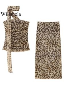 Willshela kvinnor mode 2 bit set tyll leopard veckade toppar vintage hög midja midi kjol kvinnlig chic lady kjolar 240429