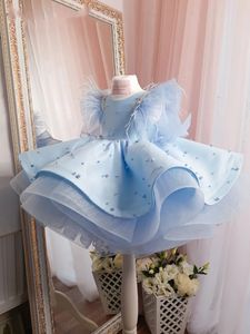 Prenses Tüy Çiçek Kız Elbiseler Boncuklu Çırpmalar Mücevher Boyun Gilrs Pageant Elbise Küçük Çocuklar İlk Komünyon 240428