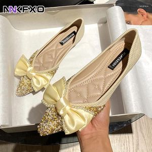 Casual Shoes Elegant Laides Lace Bow Flats Pointed Toe Crystal Glitter Decoration Ballerinas Woman Silk Pleated Loafers Big Size 43