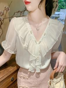 Blusas femininas com mangas curtas com babados camisa de chiffon branca 2024 Summer miçanzeca v pesco