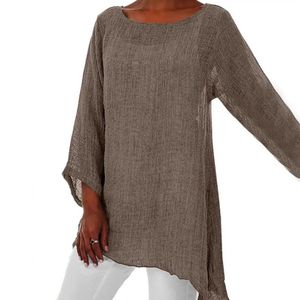 Women's Blouses Shirts Womens Solid Color Cotton Linen O-Neck Long Sleeve Irregular Tuned Top Spring/Summer Extra Large ShirtL2405